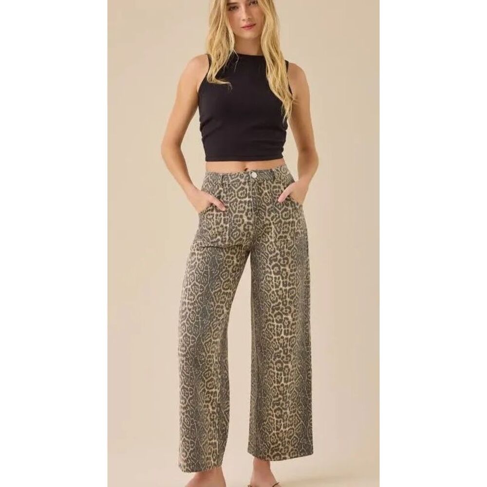Leopard Print Wide-Leg Pants - Taupe/Black
